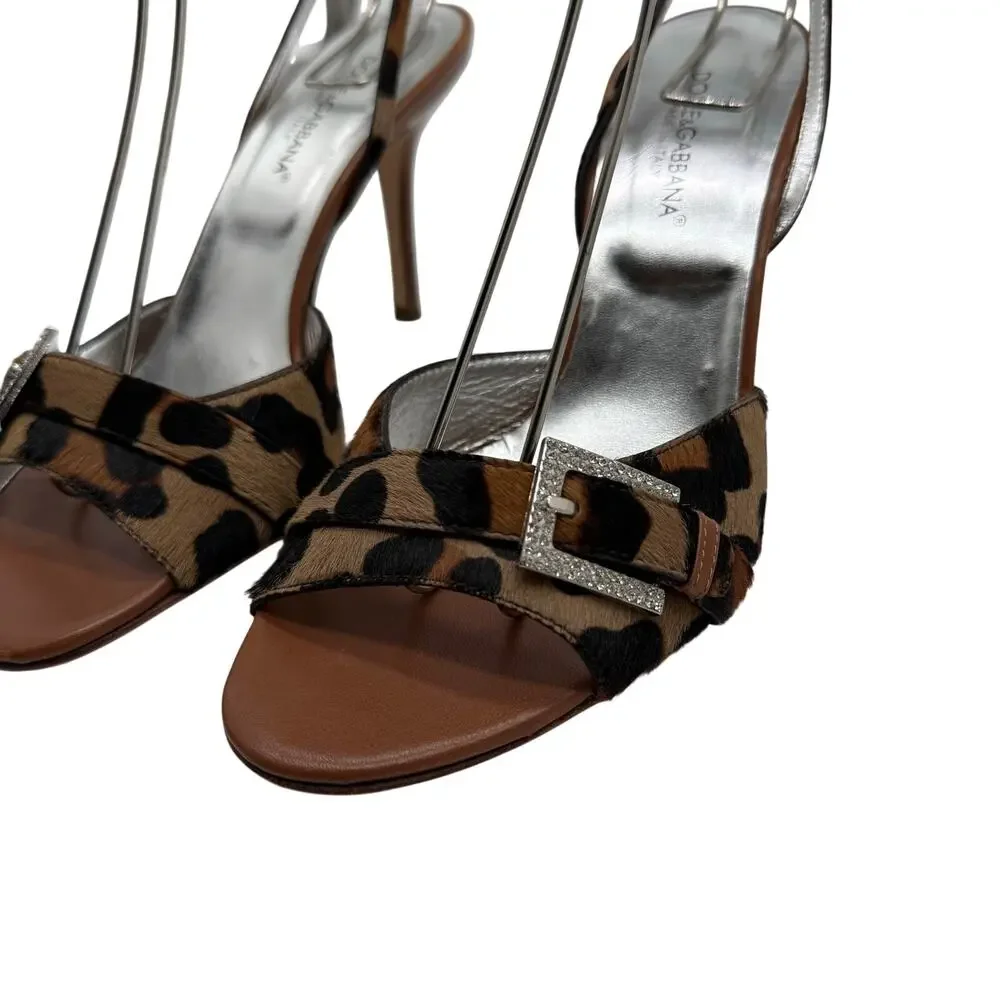 Dolce & Gabbana Leopard Calf Hair Rhinestone Buckle Strappy Heels 37.5 Y2K 2000s